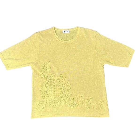 Vintage 90s Sunflower Embellished Yellow Shimmer Baby Tee Short Sleeve sz M / L - Picture 4 of 11